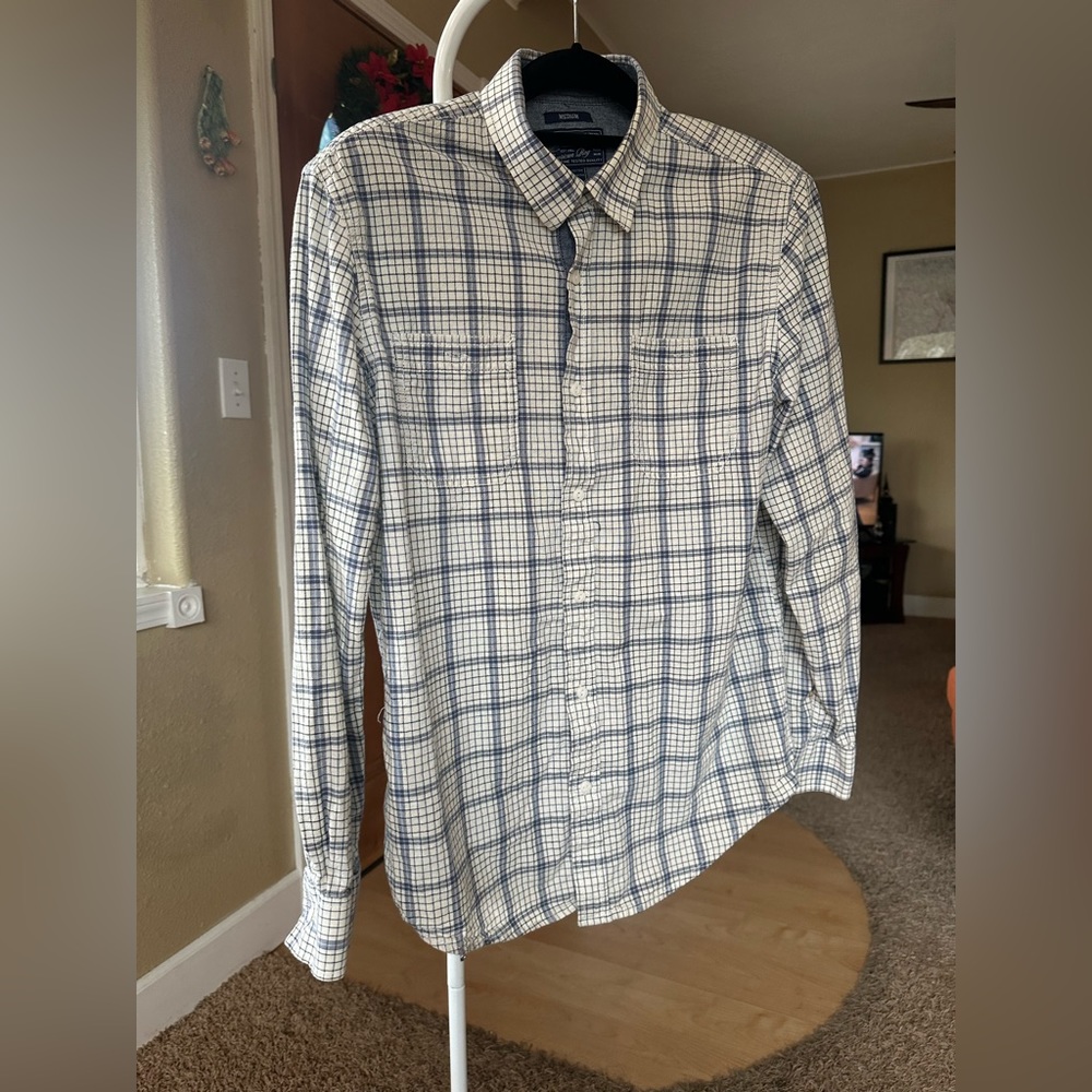 White and blue plaid shirt, men’s, 100% cotton, size medium, American rag